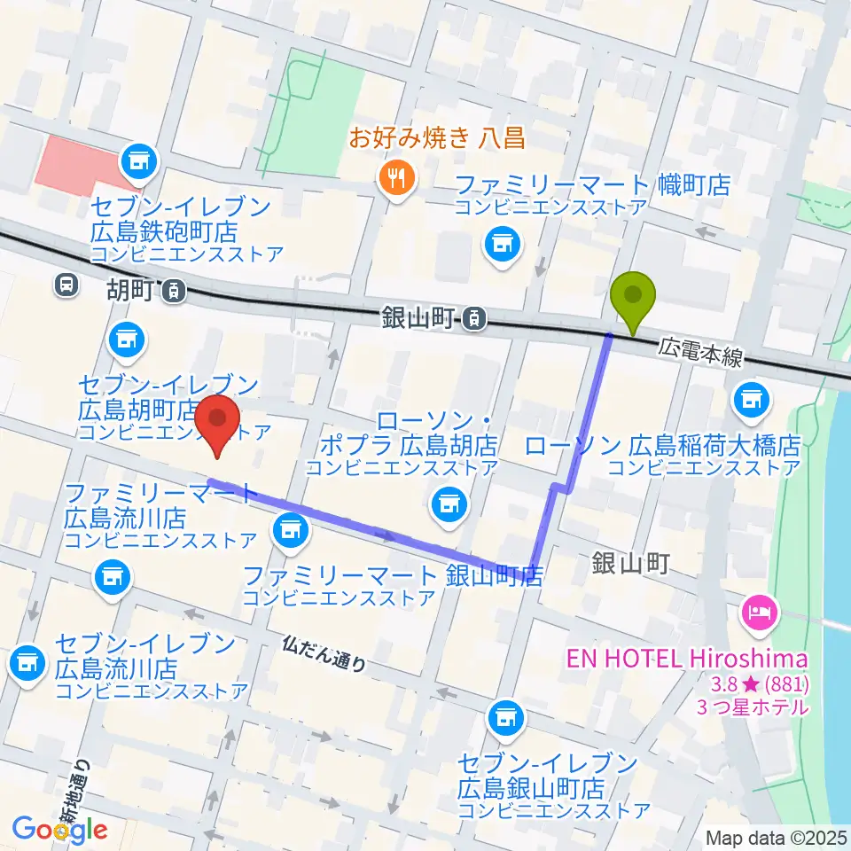 銀山町駅から広島ミンガスへのルートマップ地図