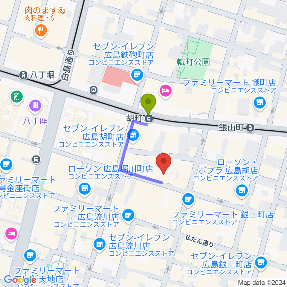 広島ミンガスの最寄駅胡町駅からの徒歩ルート（約2分）地図