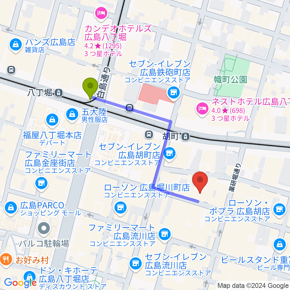 八丁堀駅から広島ミンガスへのルートマップ地図