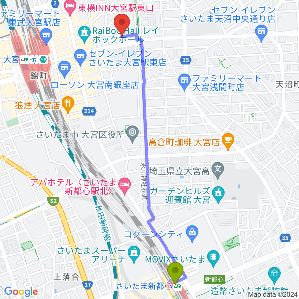 さいたま新都心駅からレコード屋グリグリへのルートマップ地図