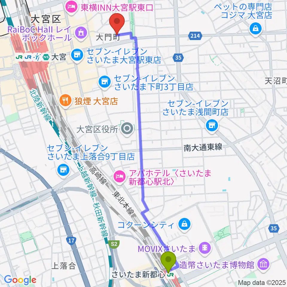 さいたま新都心駅からレコード屋グリグリへのルートマップ地図