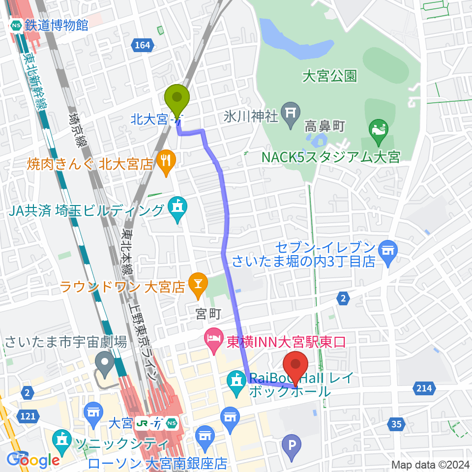 北大宮駅からレコード屋グリグリへのルートマップ地図