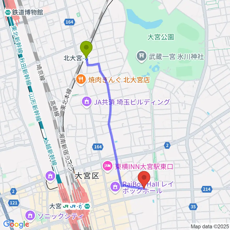 北大宮駅からレコード屋グリグリへのルートマップ地図