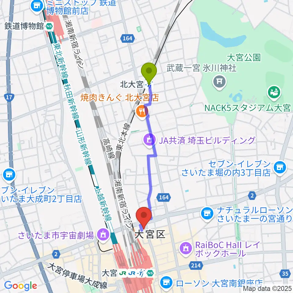 北大宮駅からディスクユニオン大宮店へのルートマップ地図