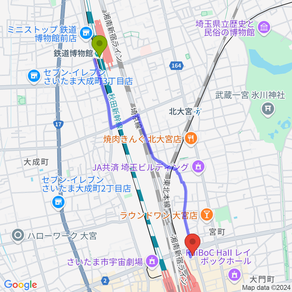 鉄道博物館駅からディスクユニオン大宮店へのルートマップ地図