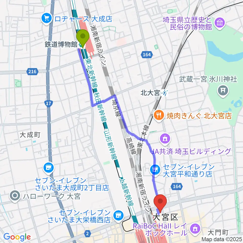 鉄道博物館駅からディスクユニオン大宮店へのルートマップ地図