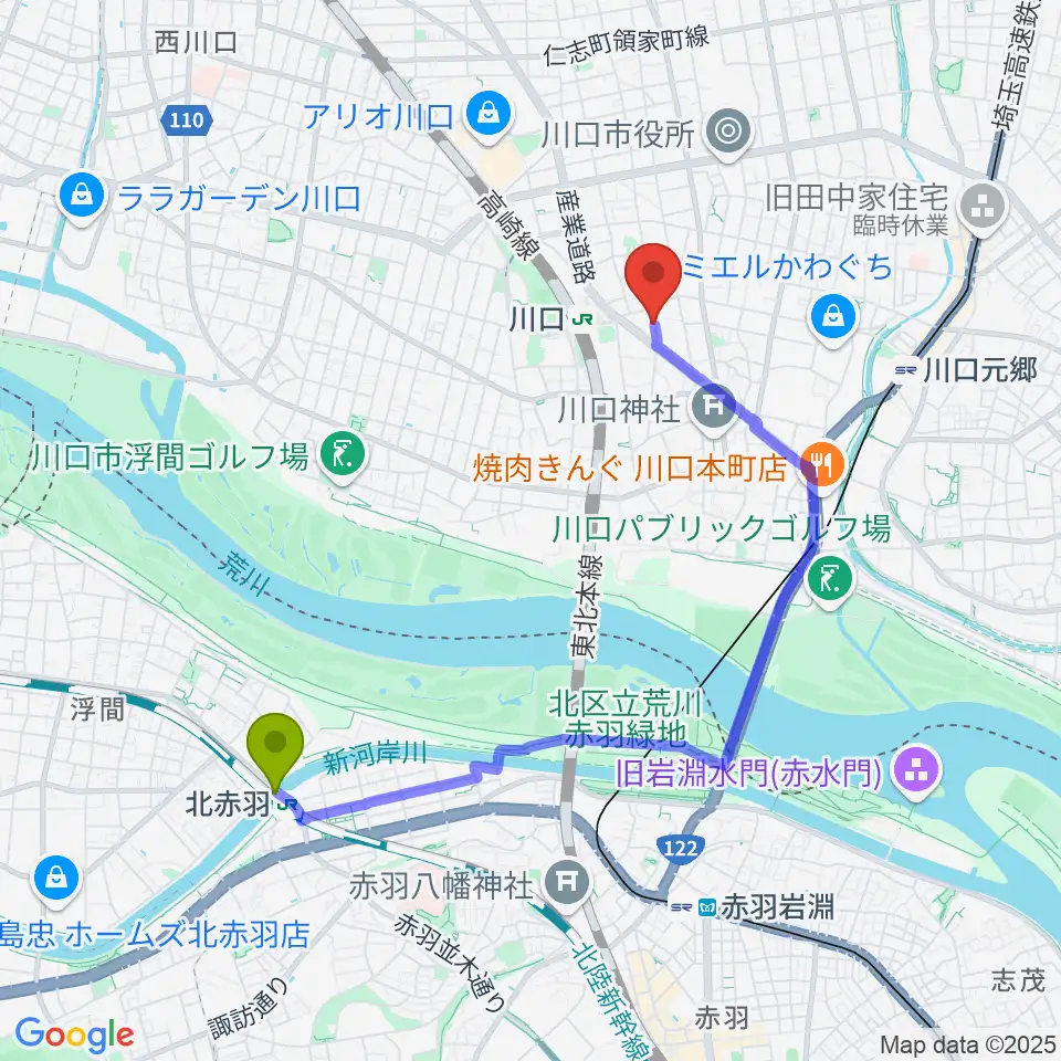 北赤羽駅からイエローポップ川口店へのルートマップ地図
