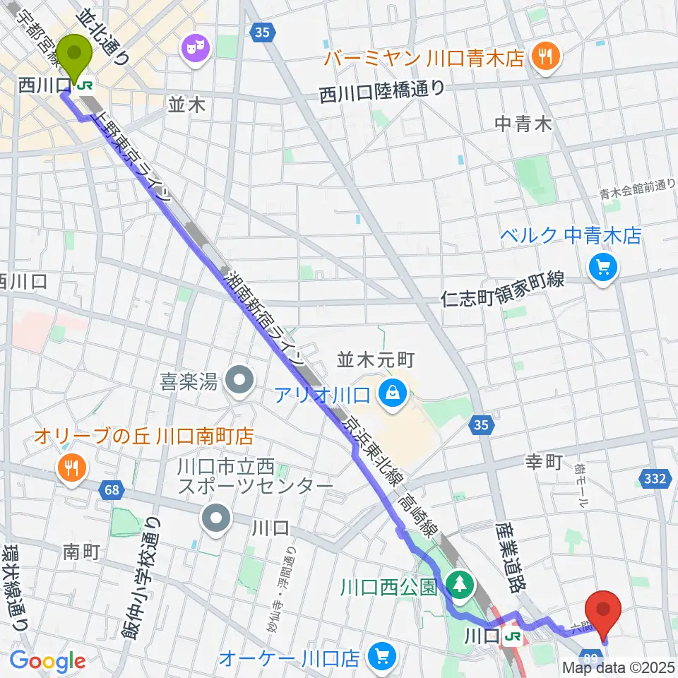 西川口駅からイエローポップ川口店へのルートマップ地図