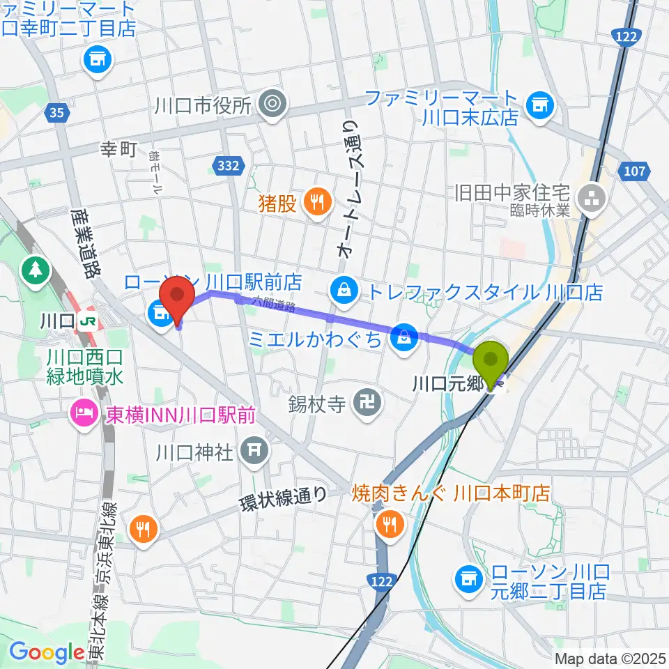 川口元郷駅からイエローポップ川口店へのルートマップ地図