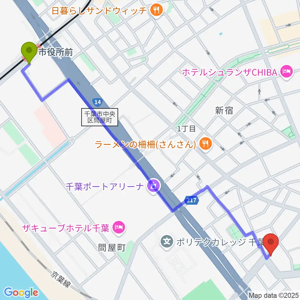 市役所前駅からDROPS RECORDへのルートマップ地図