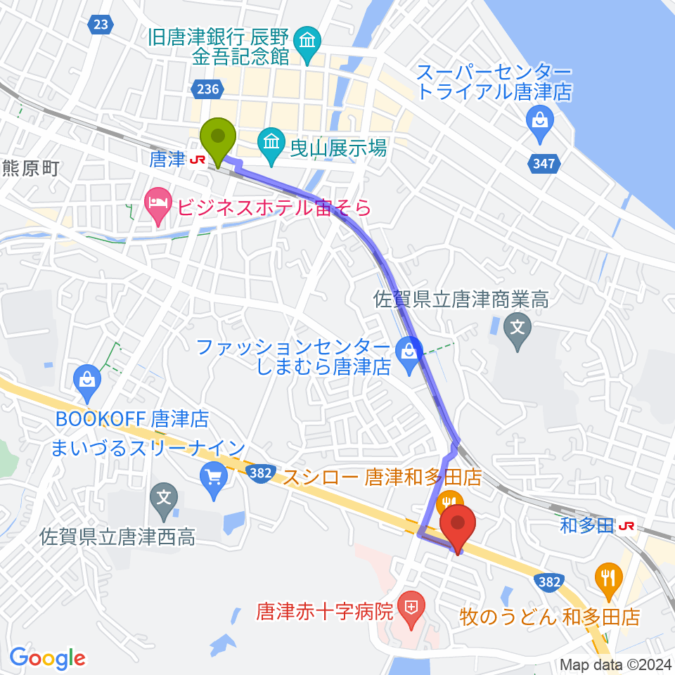 唐津駅からOLENGEへのルートマップ地図