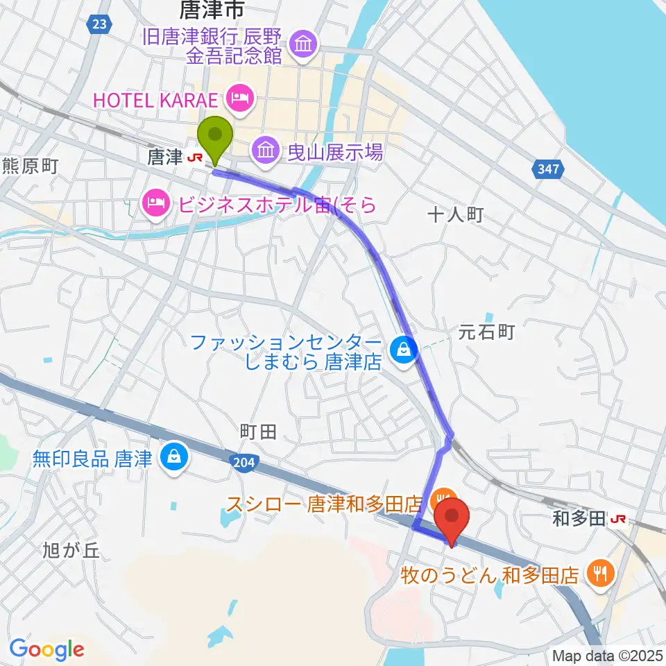 唐津駅からOLENGEへのルートマップ地図