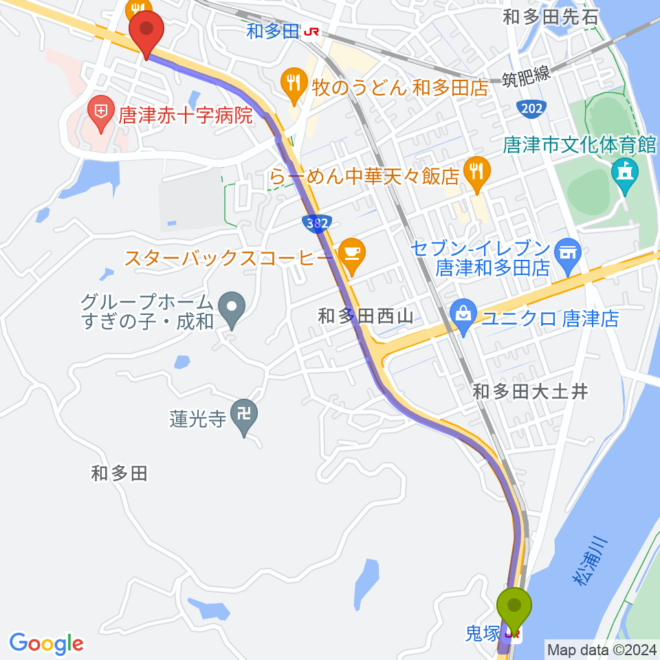 鬼塚駅からOLENGEへのルートマップ地図