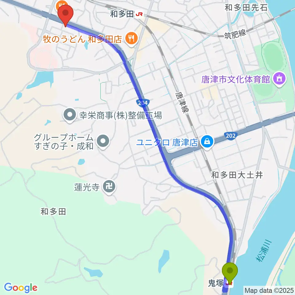 鬼塚駅からOLENGEへのルートマップ地図