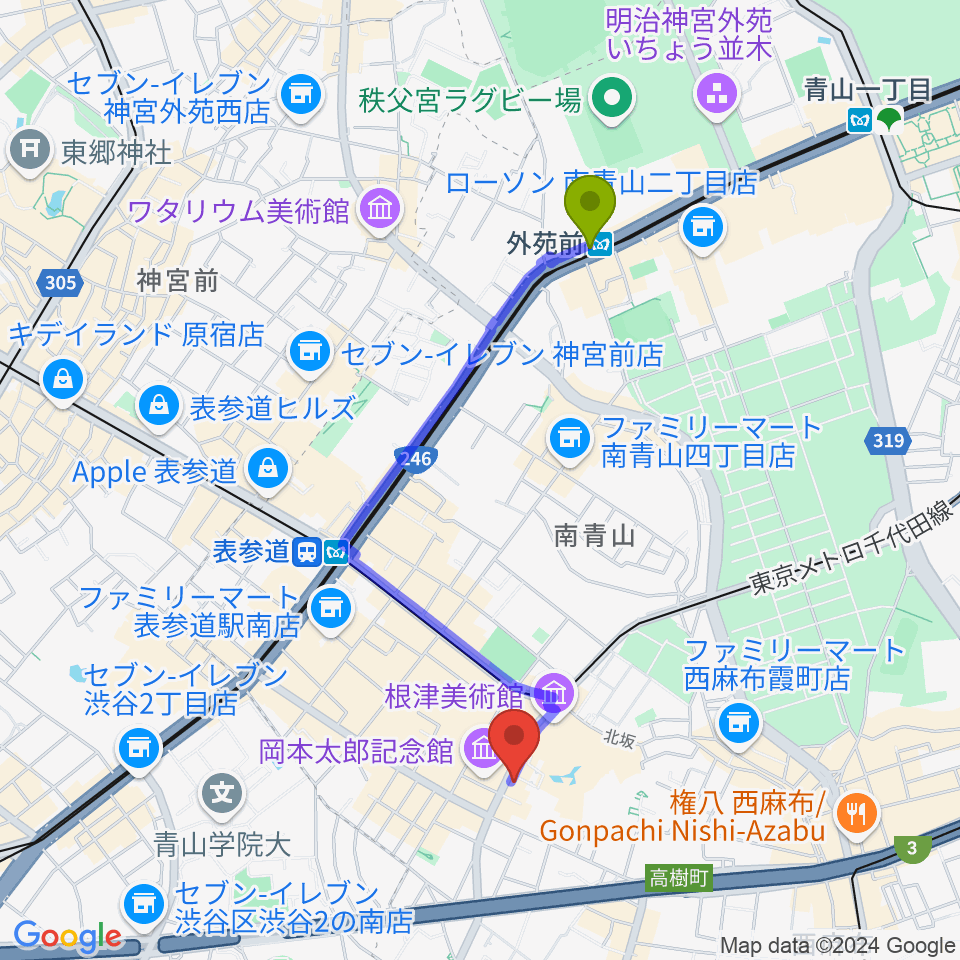 外苑前駅からブルーノート東京へのルートマップ地図