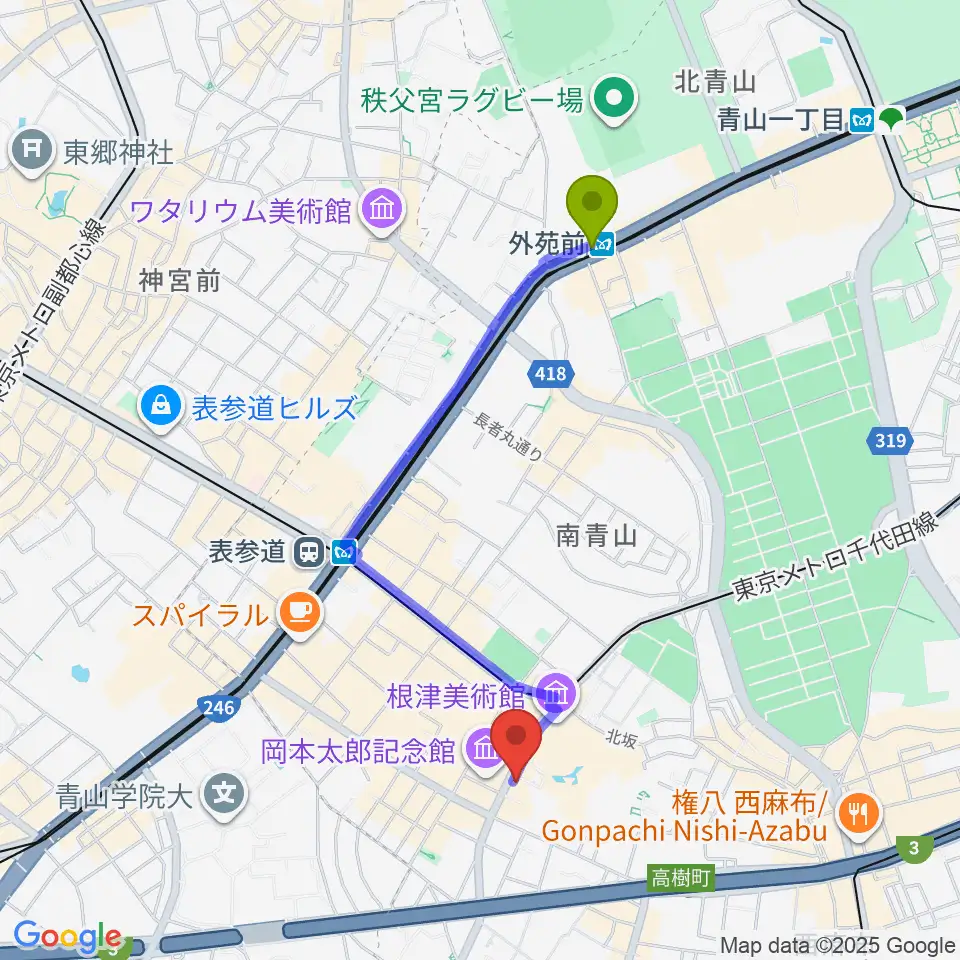 外苑前駅からブルーノート東京へのルートマップ地図