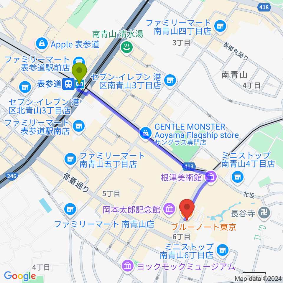 ブルーノート東京の最寄駅表参道駅からの徒歩ルート（約10分）地図