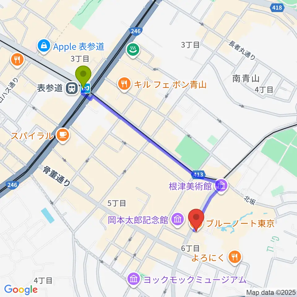 ブルーノート東京の最寄駅表参道駅からの徒歩ルート（約10分）地図