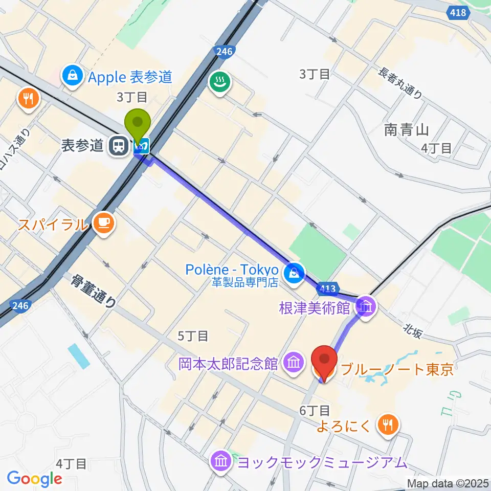 ブルーノート東京の最寄駅表参道駅からの徒歩ルート（約10分）地図