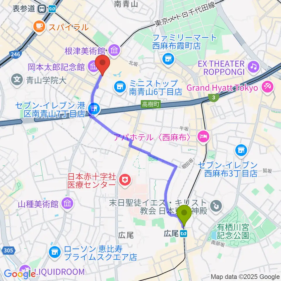 広尾駅からブルーノート東京へのルートマップ地図