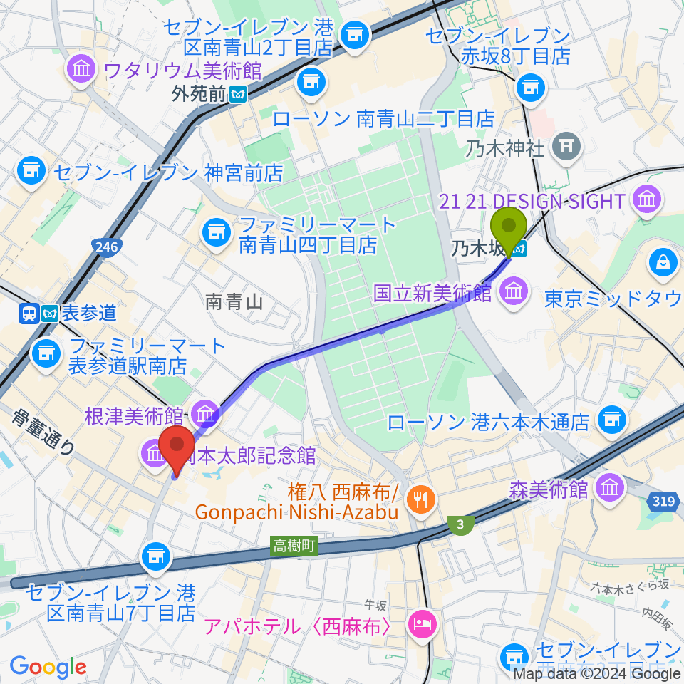 乃木坂駅からブルーノート東京へのルートマップ地図