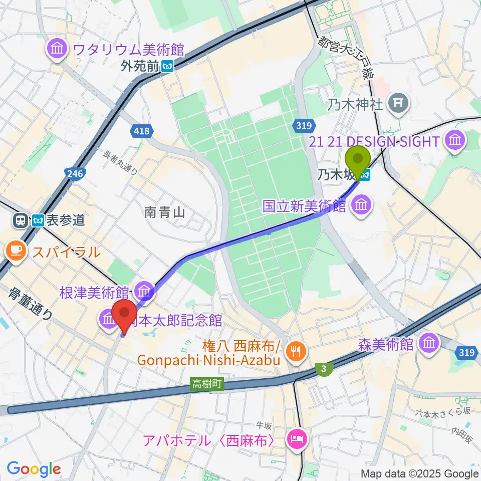 乃木坂駅からブルーノート東京へのルートマップ地図