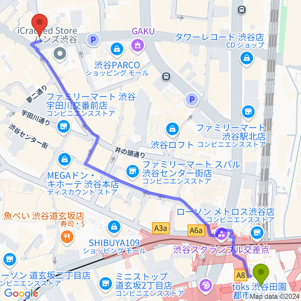 渋谷ROOTSの最寄駅渋谷駅からの徒歩ルート（約9分）地図