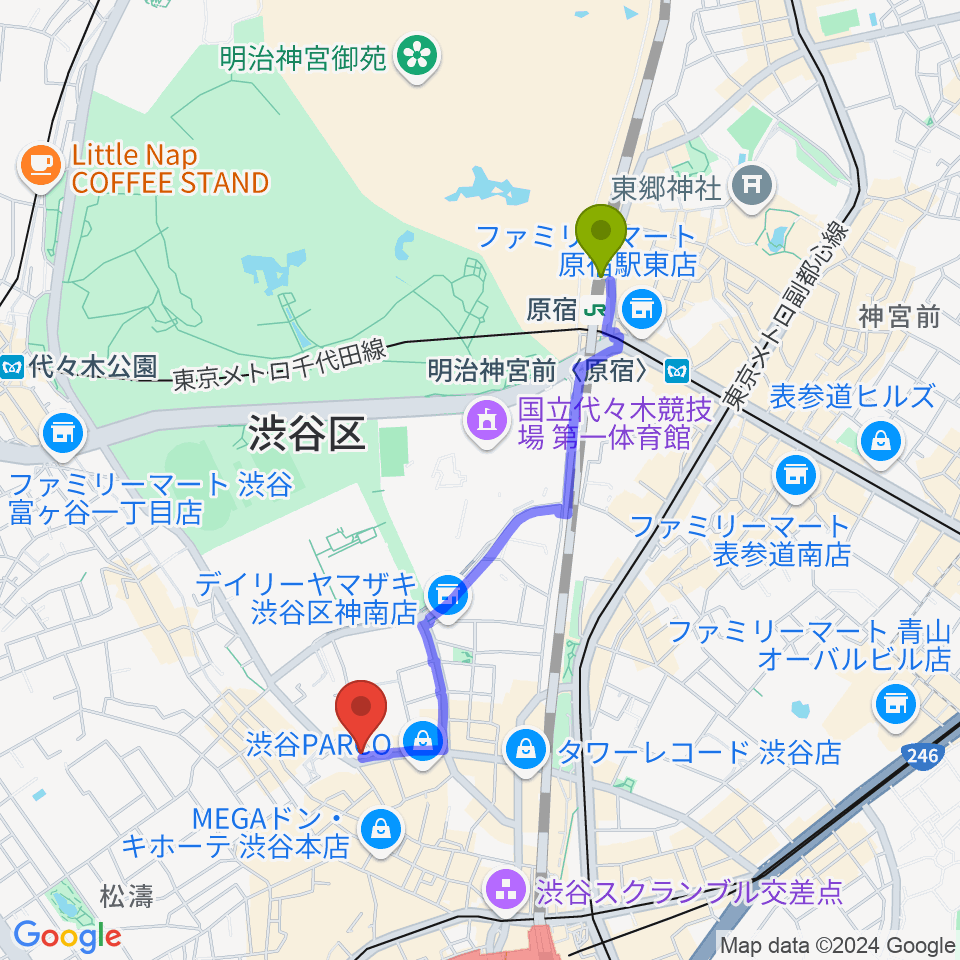 原宿駅から渋谷ROOTSへのルートマップ地図