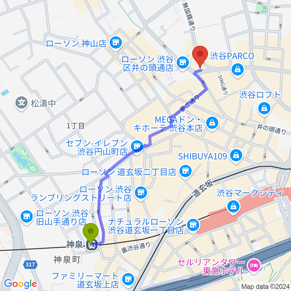 神泉駅から渋谷ROOTSへのルートマップ地図