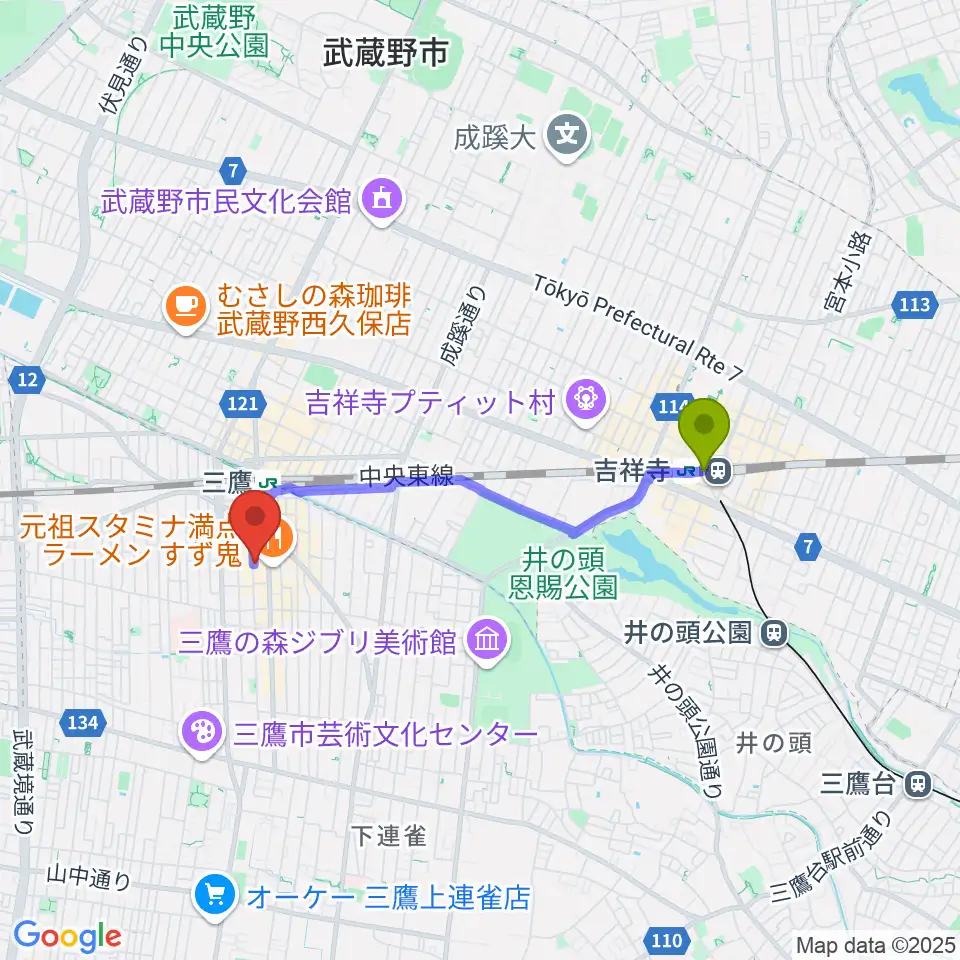 吉祥寺駅から三鷹 パレードへのルートマップ地図