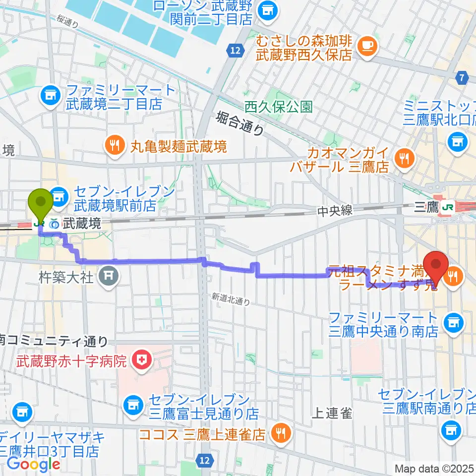 武蔵境駅から三鷹 パレードへのルートマップ地図