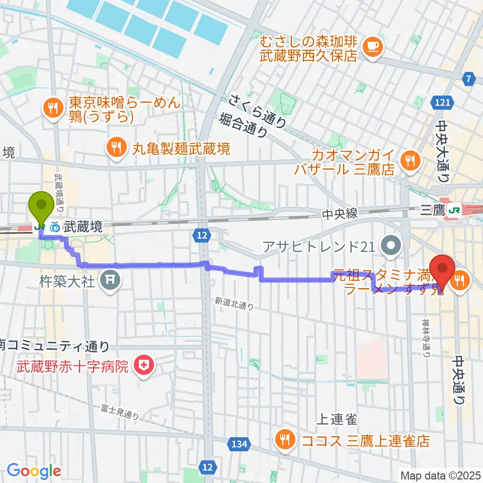 武蔵境駅から三鷹 パレードへのルートマップ地図