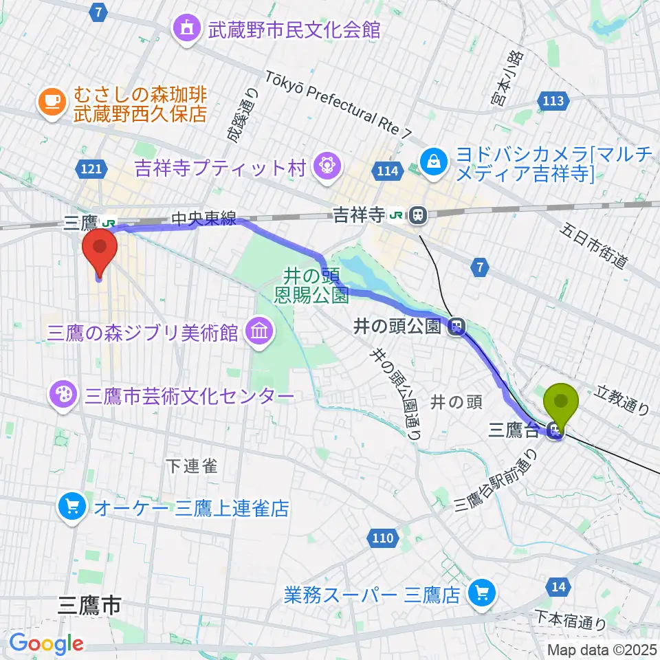 三鷹台駅から三鷹 パレードへのルートマップ地図