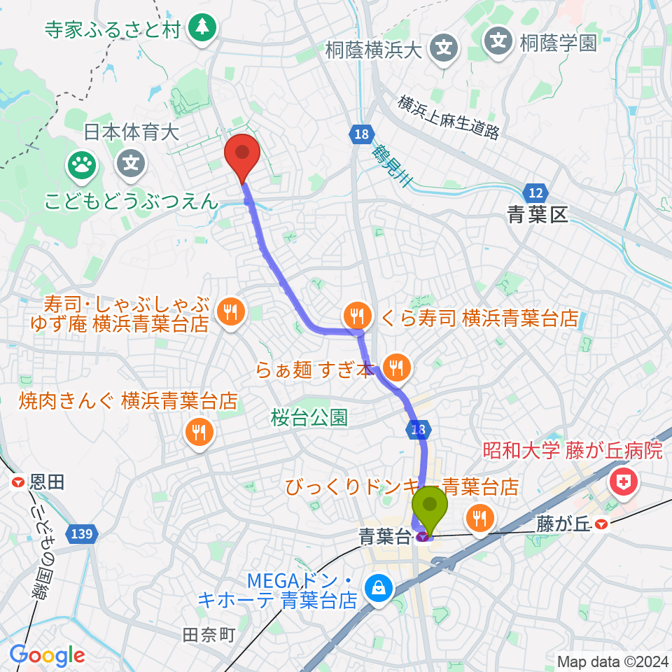 青葉台駅から中古レコードのタチバナへのルートマップ地図