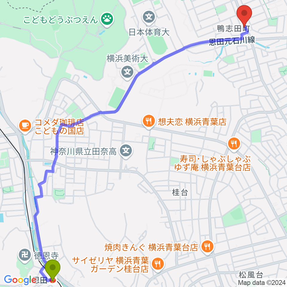 恩田駅から中古レコードのタチバナへのルートマップ地図