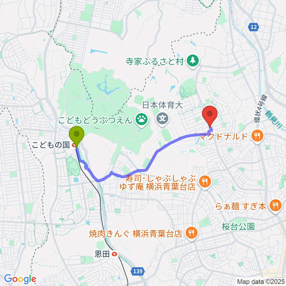 中古レコードのタチバナの最寄駅こどもの国駅からの徒歩ルート（約29分）地図