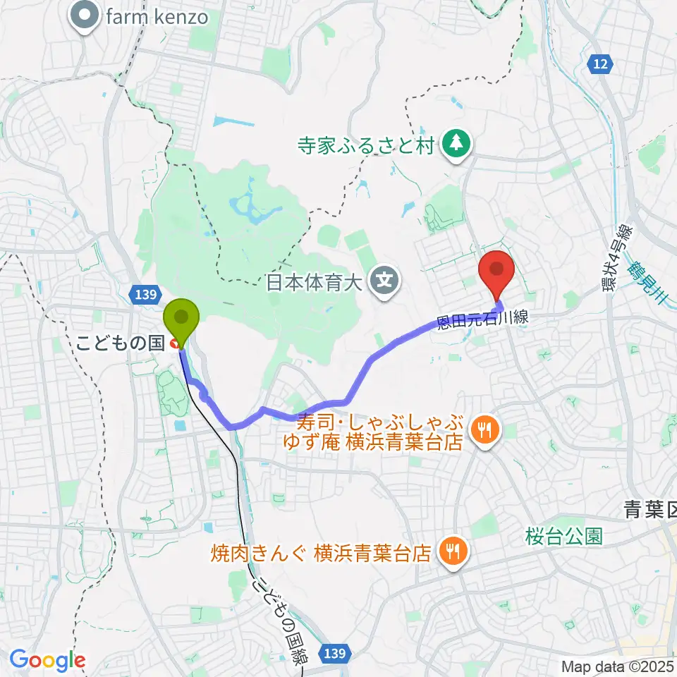 中古レコードのタチバナの最寄駅こどもの国駅からの徒歩ルート（約29分）地図