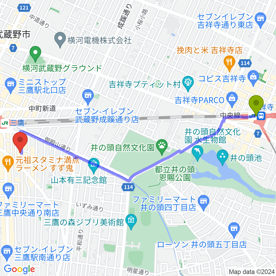 吉祥寺駅から三鷹ブルームーンへのルートマップ地図