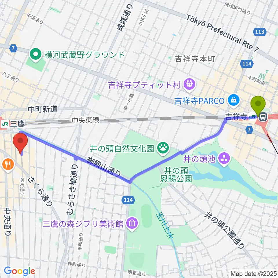 吉祥寺駅から三鷹ブルームーンへのルートマップ地図