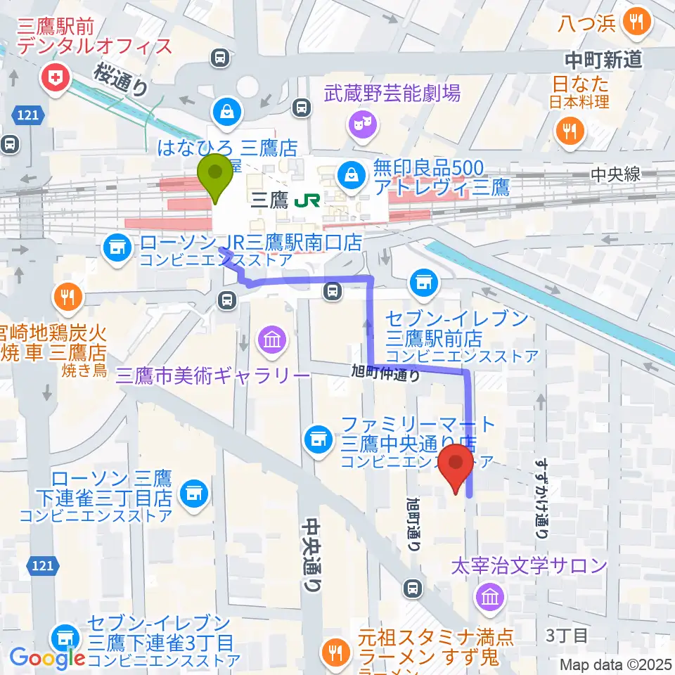 三鷹ブルームーンの最寄駅三鷹駅からの徒歩ルート（約4分）地図