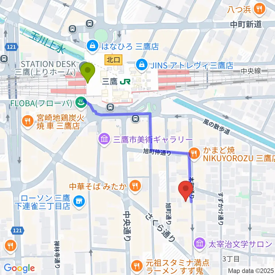 三鷹ブルームーンの最寄駅三鷹駅からの徒歩ルート（約4分）地図