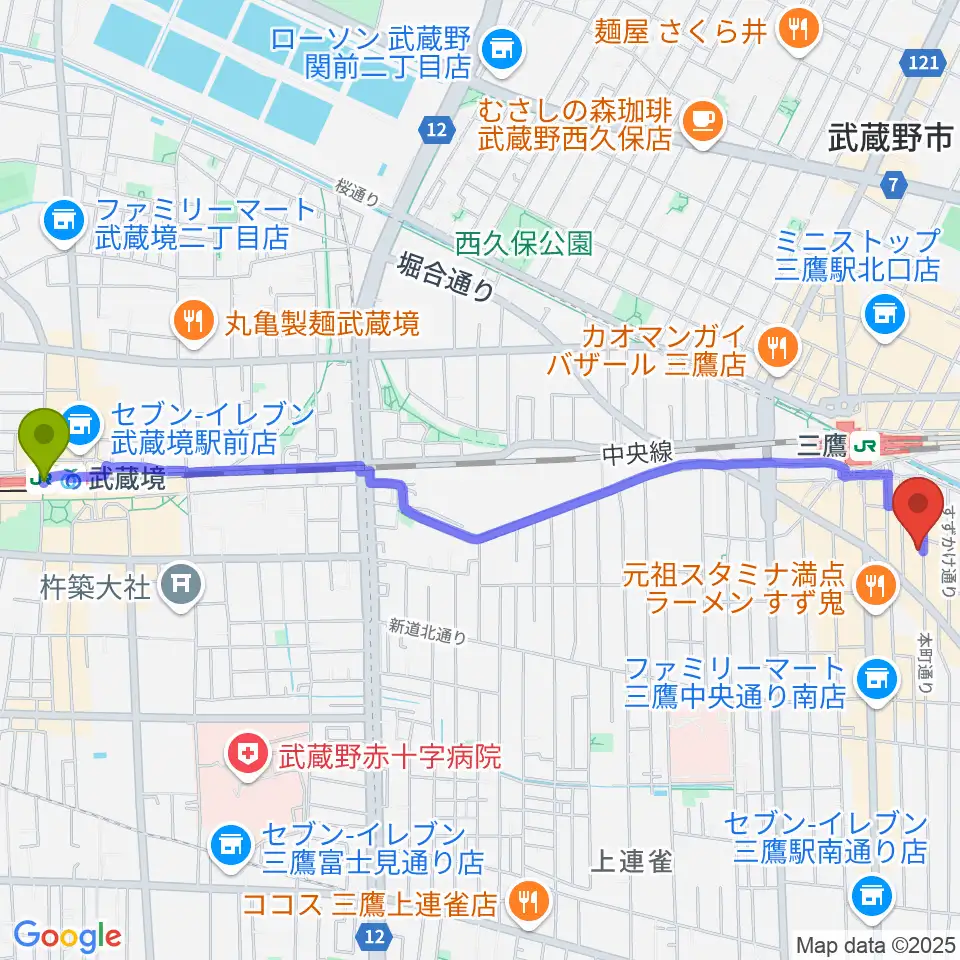 武蔵境駅から三鷹ブルームーンへのルートマップ地図