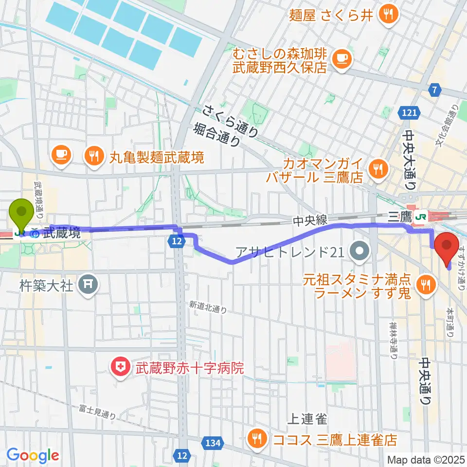 武蔵境駅から三鷹ブルームーンへのルートマップ地図