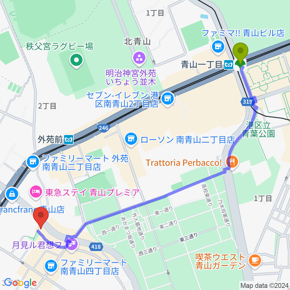 青山一丁目駅から南青山MANDALAへのルートマップ地図