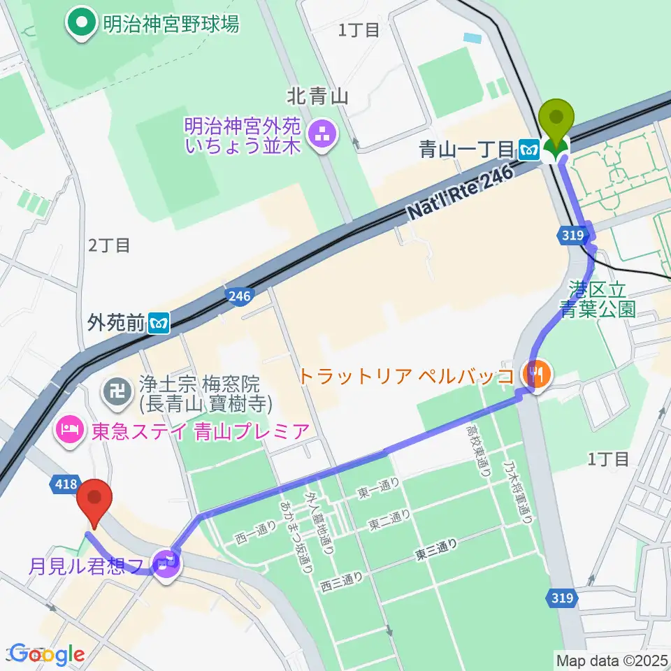 青山一丁目駅から南青山MANDALAへのルートマップ地図