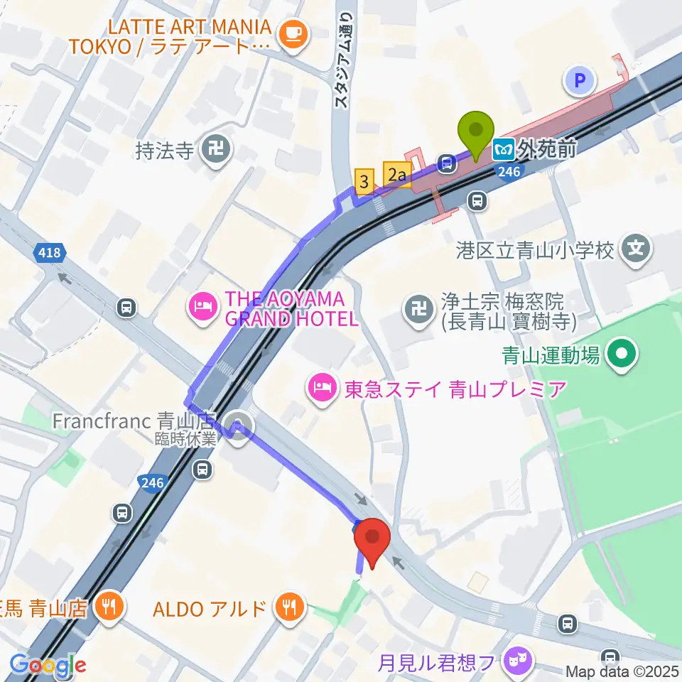 南青山MANDALAの最寄駅外苑前駅からの徒歩ルート（約5分）地図