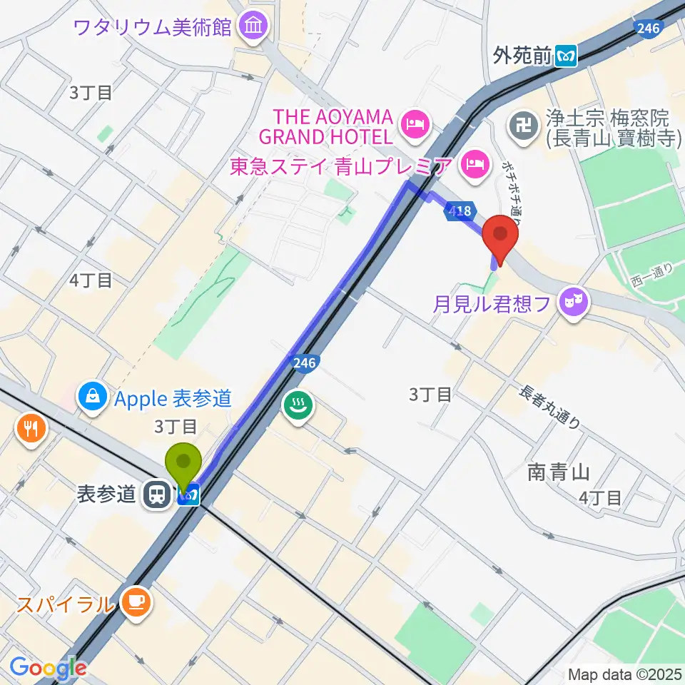 表参道駅から南青山MANDALAへのルートマップ地図
