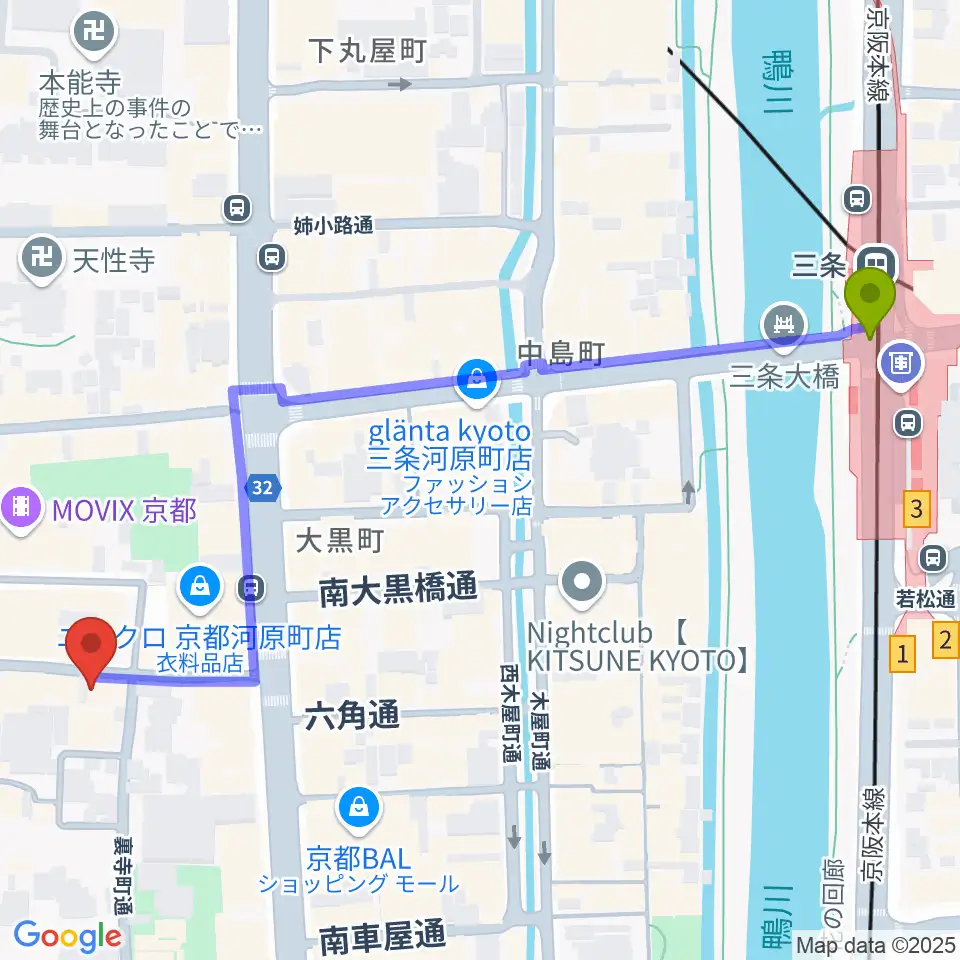 三条駅からトラドラレコードへのルートマップ地図