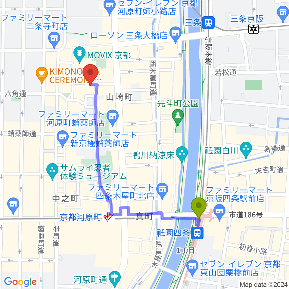 祇園四条駅からトラドラレコードへのルートマップ地図
