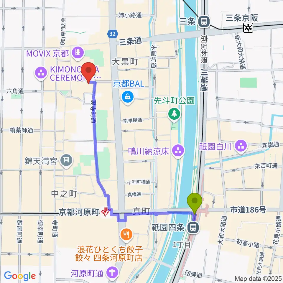 祇園四条駅からトラドラレコードへのルートマップ地図